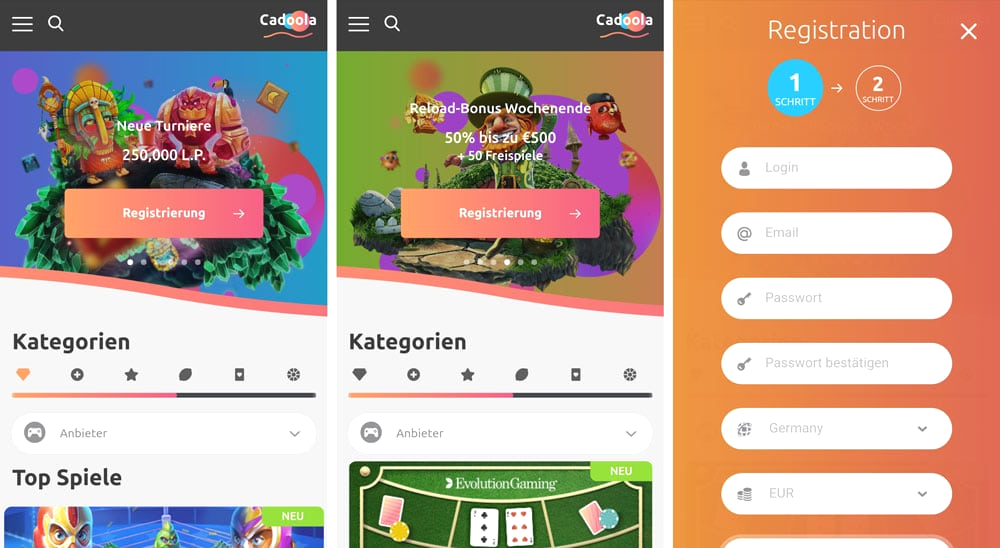 Screenshot des Cadoola Casino Login-Formulars auf einem Smartphone