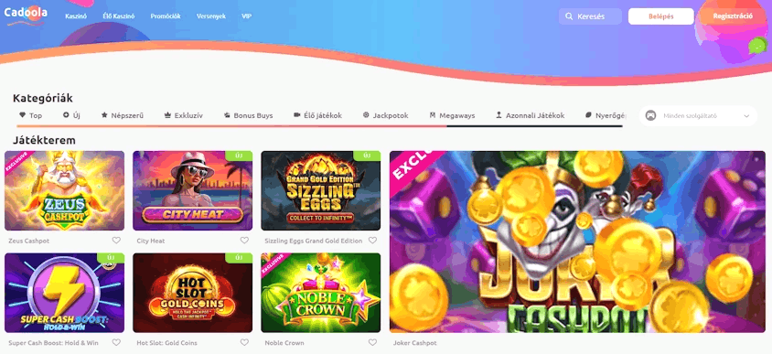 Cadoola Casino Logo und Übersicht der verfügbaren Spielkategorien