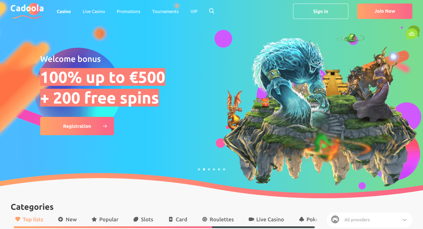 Cadoola Casino Startseite mit Spielauswahl und Login-Button im Jahr 2026